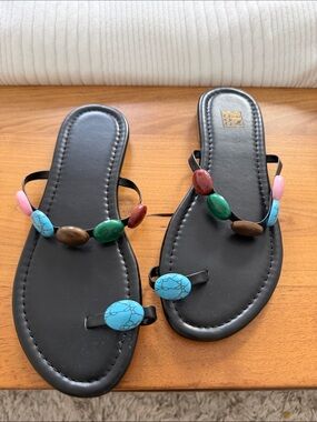 Never Worn! Black Beaded Toe-Loop Sandals with Multicolor Stones
